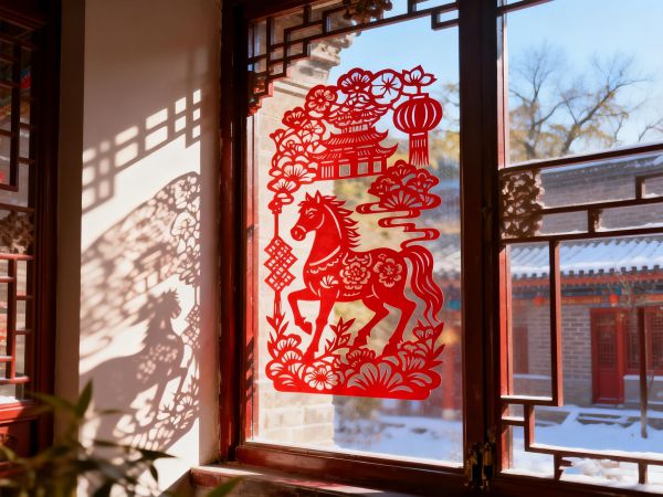 jimeng-2026-01-15-5528-运用传统技法，展现融合马年元素的国风剪纸贴在窗户上的窗花设计，镂空透出明亮光线，....jpg
