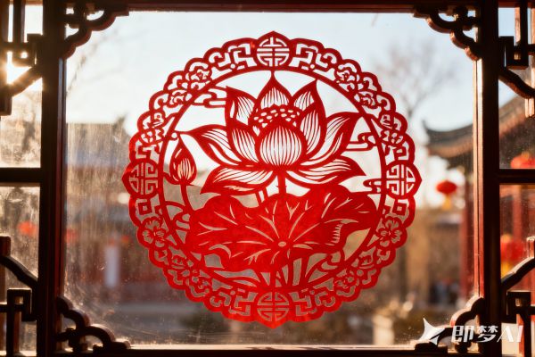 jimeng-2026-01-15-5876-莲荷图腾窗花剪纸，传统剪纸风格，红色镂空造型，周围环绕经典吉祥纹样，节日喜庆氛围....jpg
